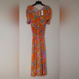 NWT! Farm Rio x Anthropologie Short-Sleeve V-Neck Ruched Midi Dress (SIZE XS)